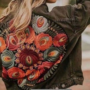 Boho Floral embroidered Distressed denim jean jacket